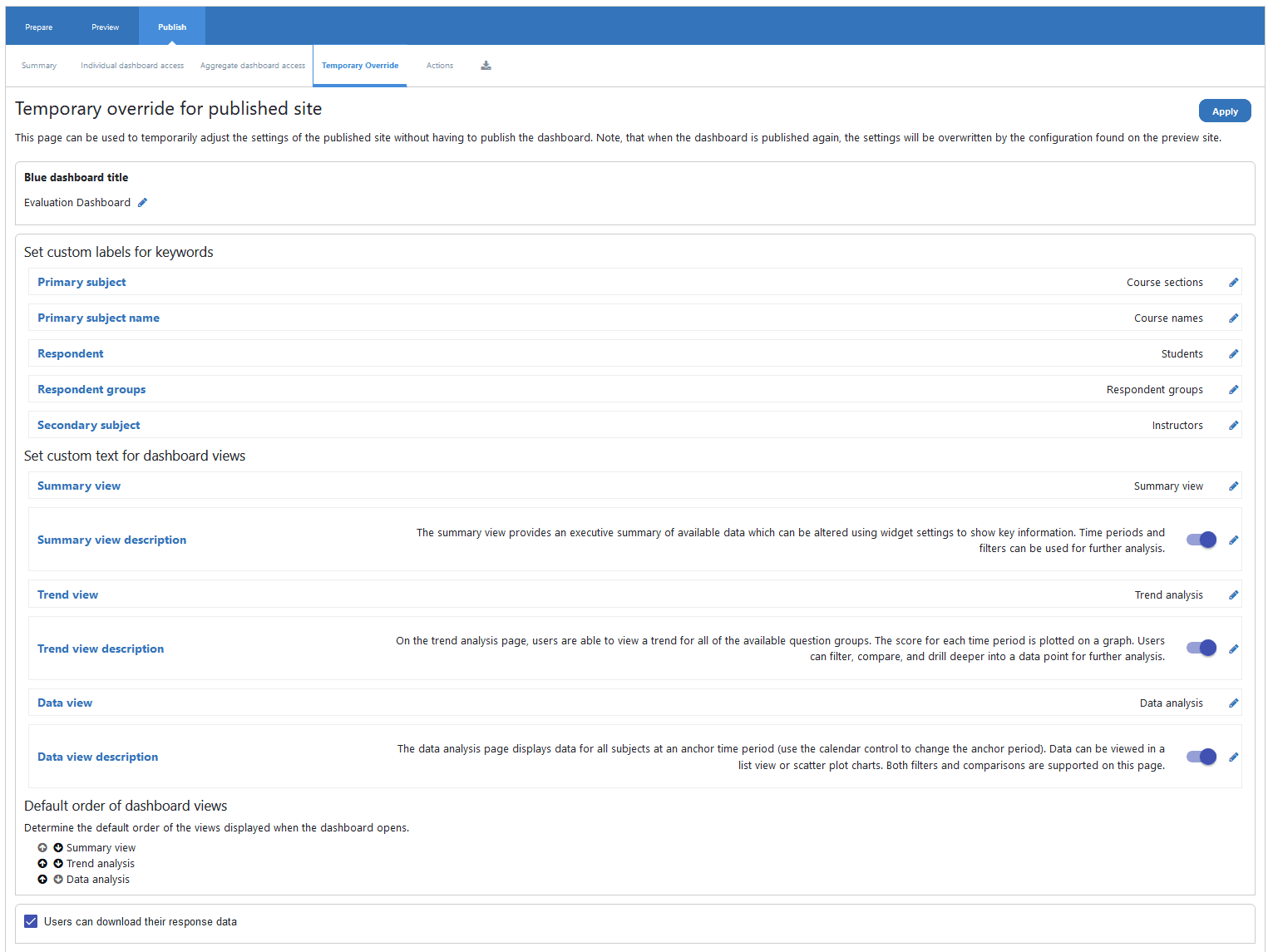 Temporary override for published site