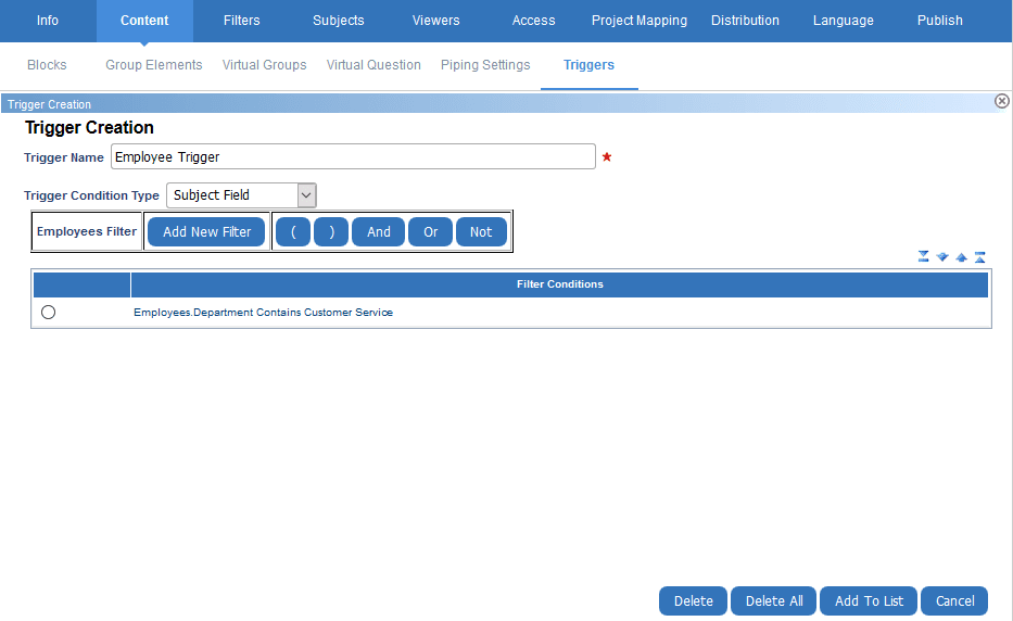 Trigger creation listing