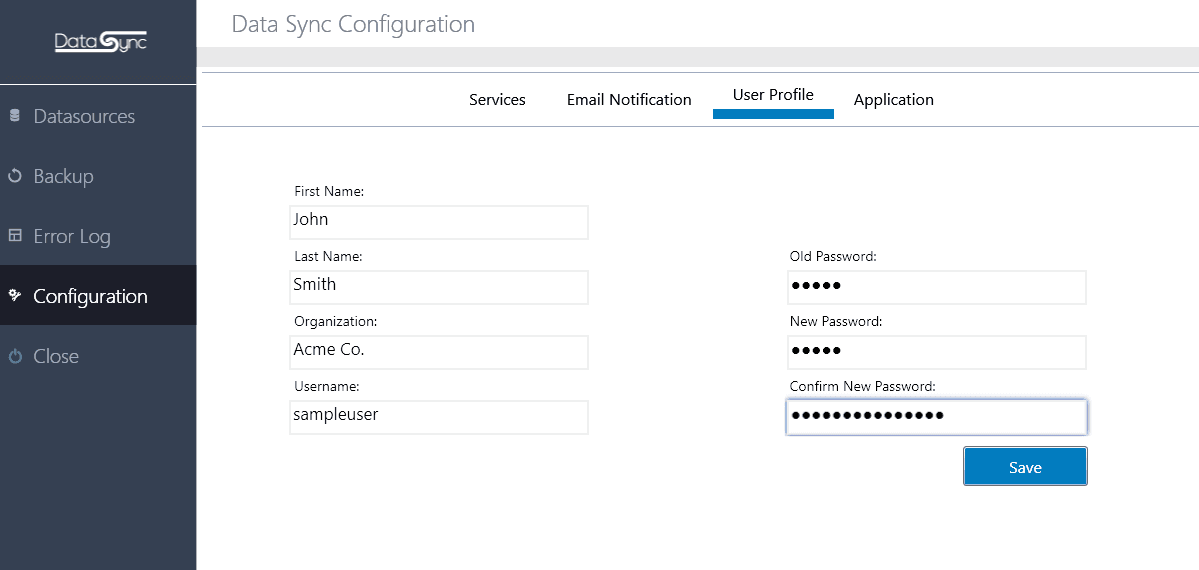 Data sync tool user profile