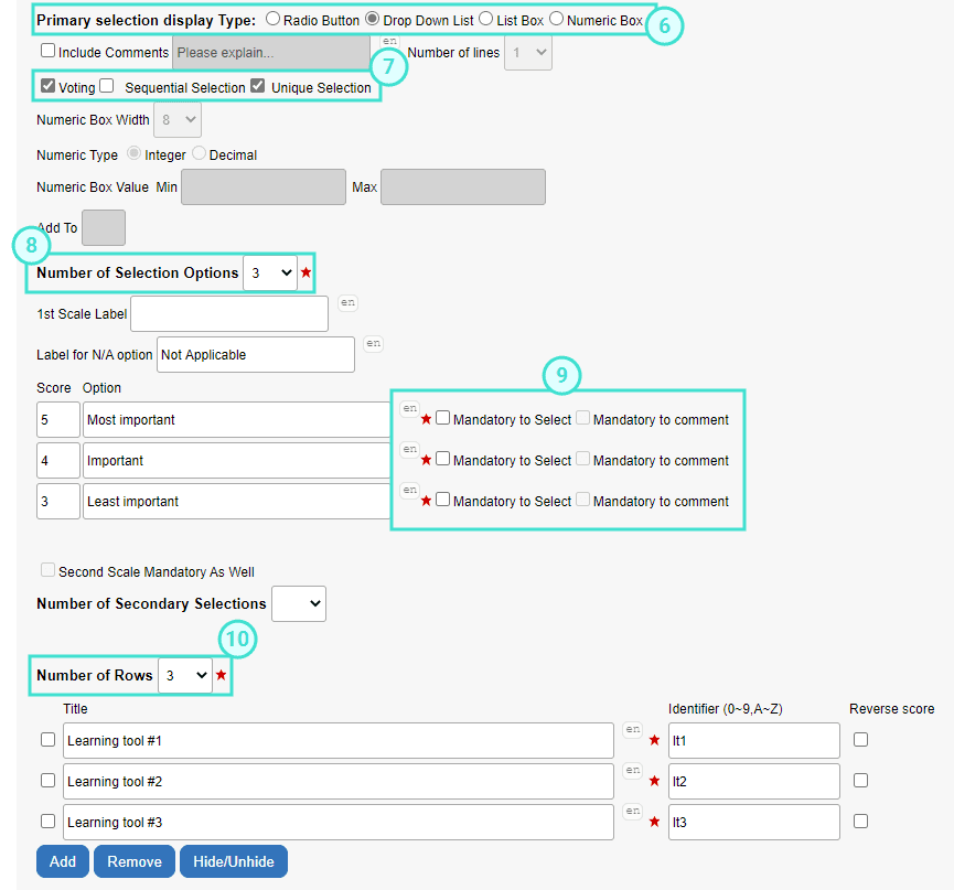 Single selection table question details